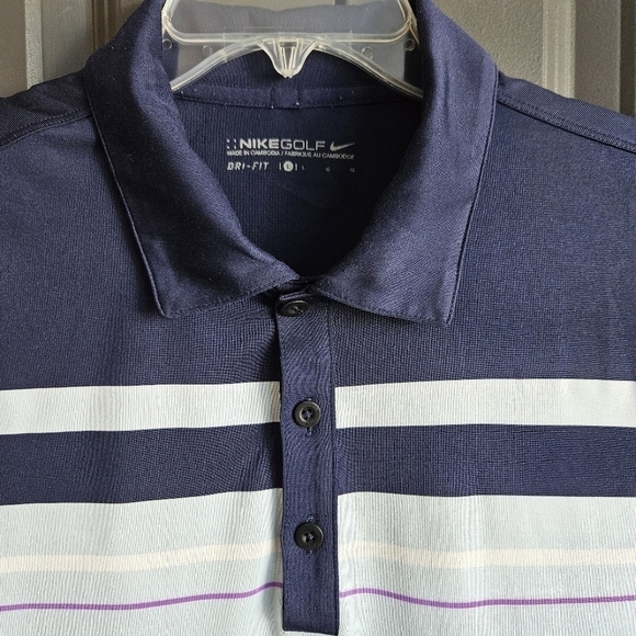 Nike Polo Shirt Mens Large Blue Purple Stripe Swoosh Dri Fit Golf Golfer Casual - Picture 3 of 5